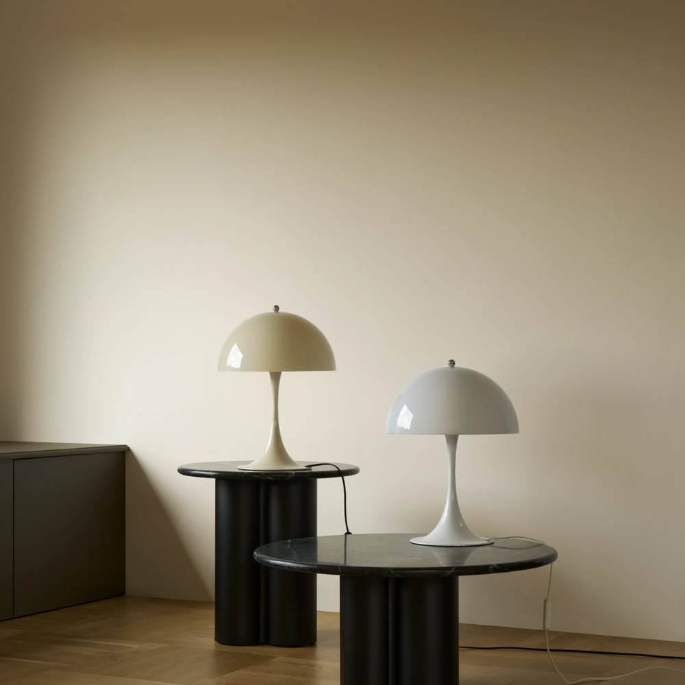 The Panthella 320 Table Lamp from Louis Poulsen in Opal Beige and Opal White turned off.