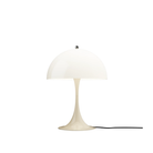 The Panthella 320 Table Lamp from Louis Poulsen in Opal Beige turned on.