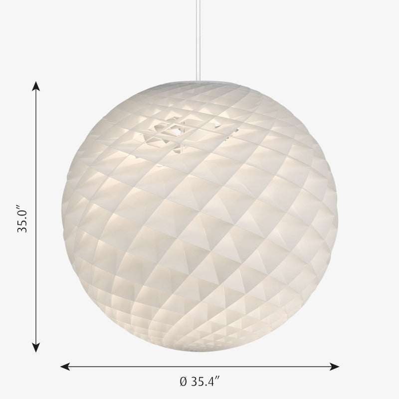 The Patera pendant is a glowing sphere built up of small diamond-shaped cells. Each cell is carefully designed to capture light and to shield the light source from the viewing angles above 45 degrees. Each cell glows. Below 45 degrees, the fields are open to direct light downwards. A small amount of light is also sent upwards to illuminate the ceiling. Designed by Danish designer Øivind Slaatto who took inspiration from the Fibonacci spiral. 