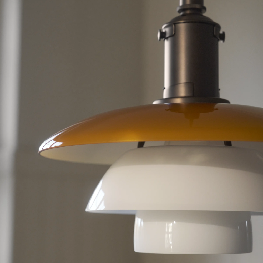 A close up of the PH 3/3 Pendant Centenary Edition by Louis Poulsen while turned off.