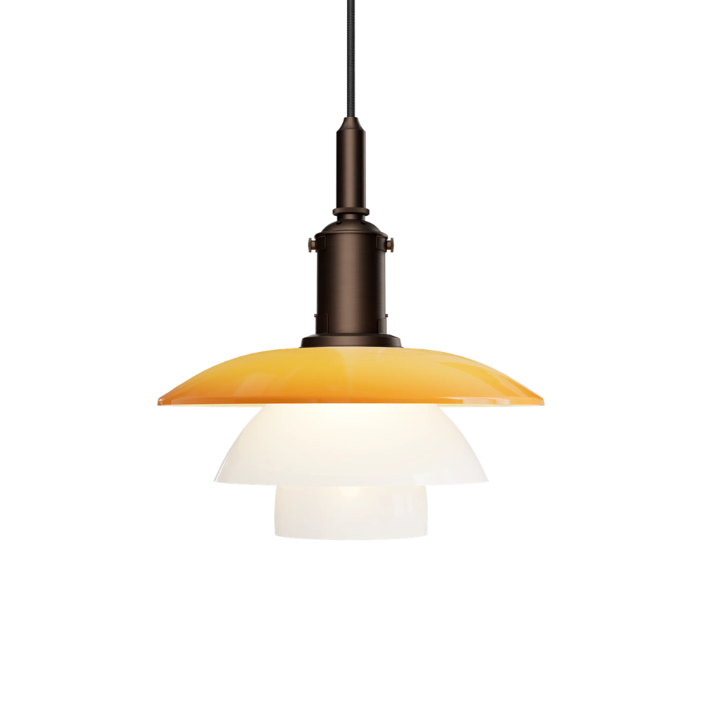 The PH 3/3 Pendant Centenary Edition by Louis Poulsen features one amber colored top shade and two opal white lower shades.