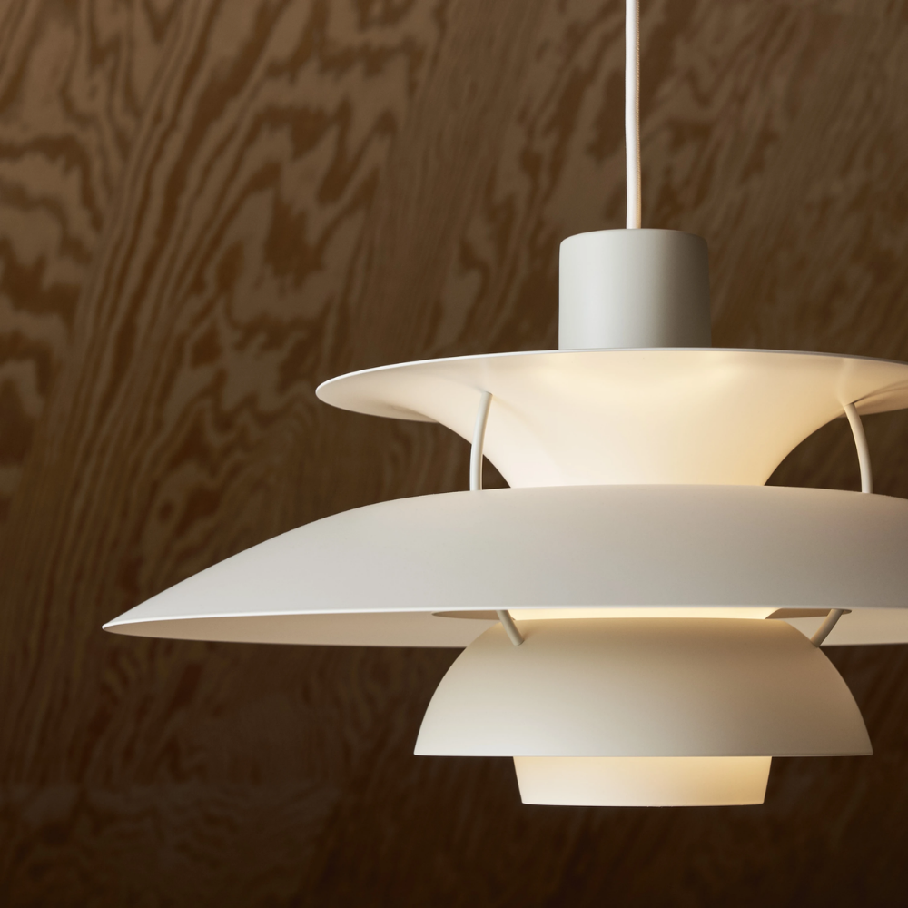 The PH 5 from Louis Poulsen in monochrome pale pewter close up.