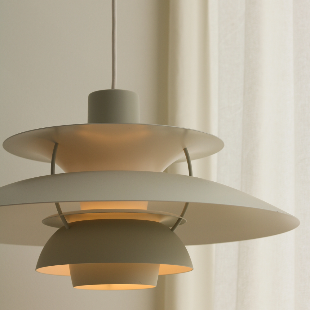 The PH 5 from Louis Poulsen in monochrome pale pewter up close.