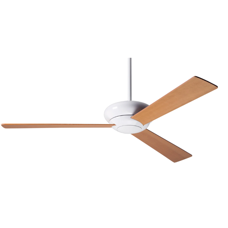 The Altus - 52" ceiling fan from The Modern Fan Co. with the gloss white body and maple plywood blades.