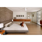 The Ball Flush ceiling fan from The Modern Fan Co. with 42" blades and the LED option. This fan has the gloss white fan finish, and white blade color in a minimalistic bedroom.