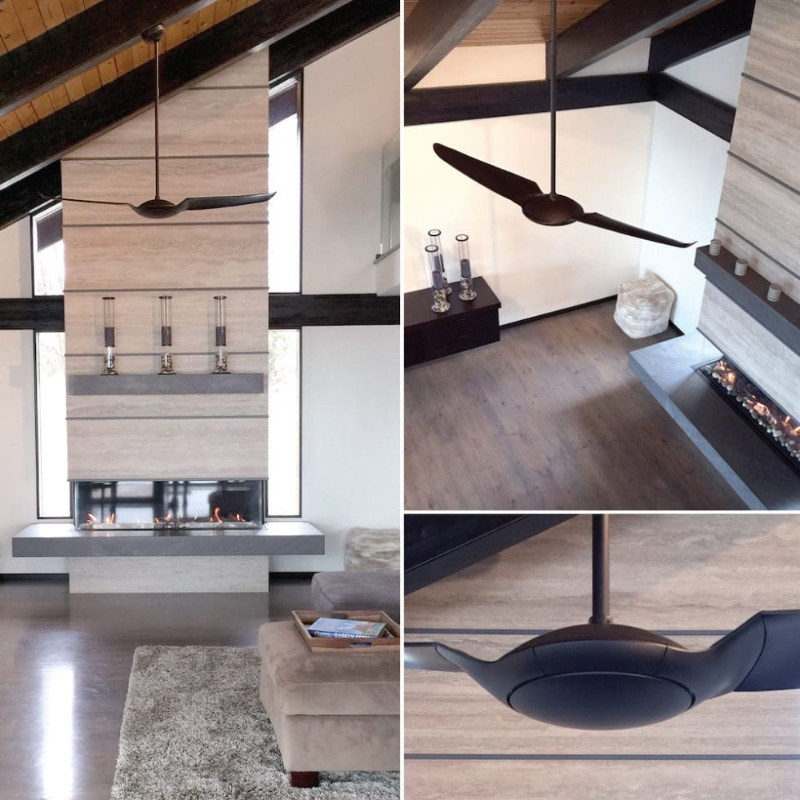 The dark bronze body with dark blades IC/Air2 DC - 56″ from Modern Fan Co in various home interior rooms such as a living room, lounge and dining room.