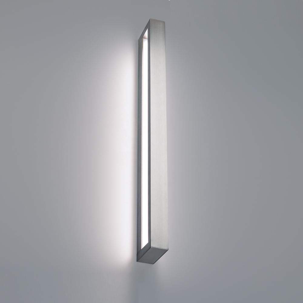 The Open Bar vanity wall sconce by Modern Forms in brushed nickel, 27 inch turned on. all-groups
