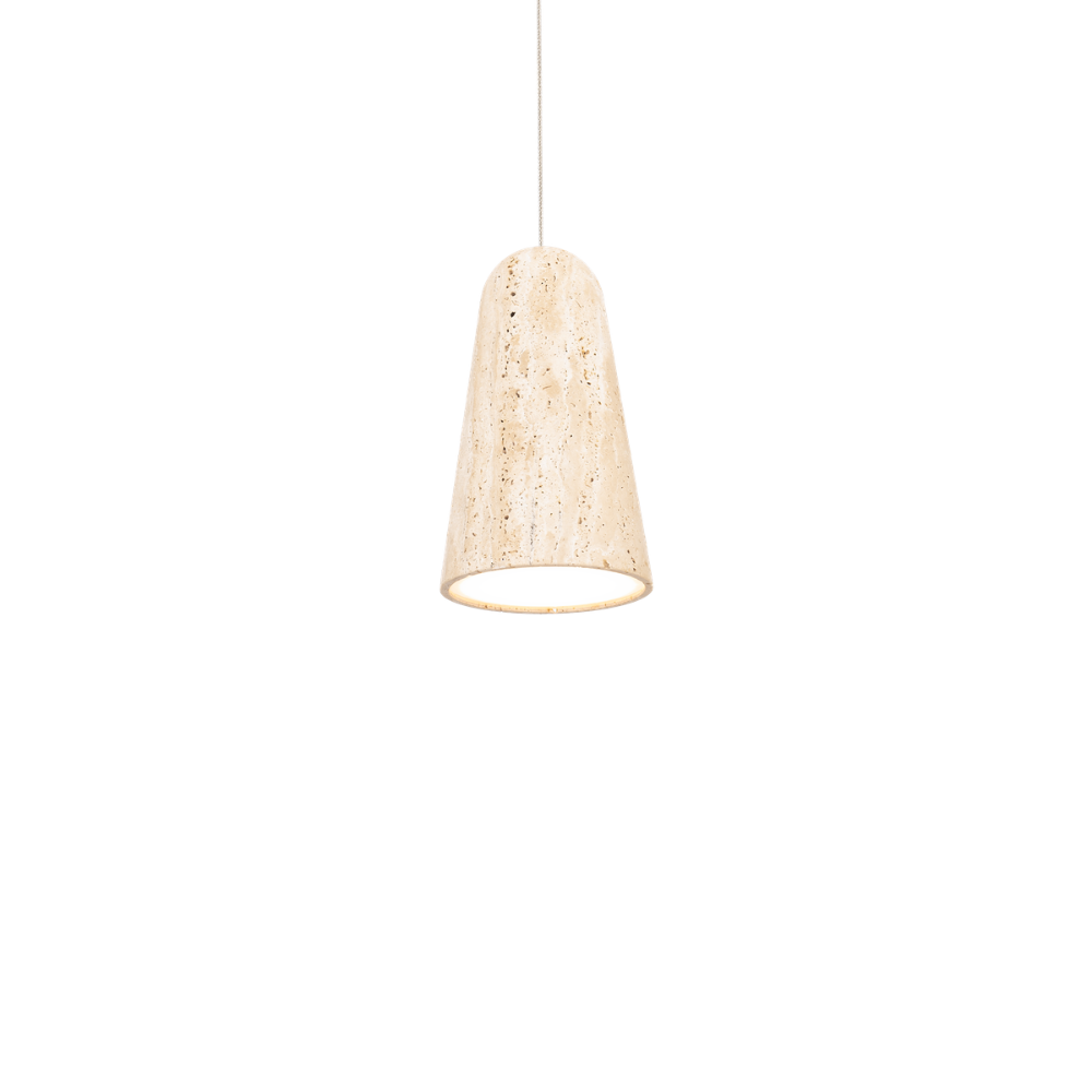 The beige travertine and aged brass Pompeii Pendant Light from Modern Forms at an angle.