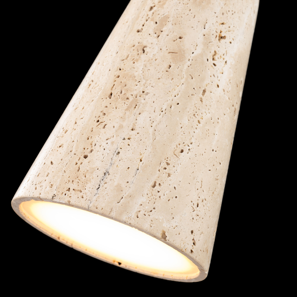 The beige travertine and aged brass Pompeii Pendant Light from Modern Forms in a family space.
