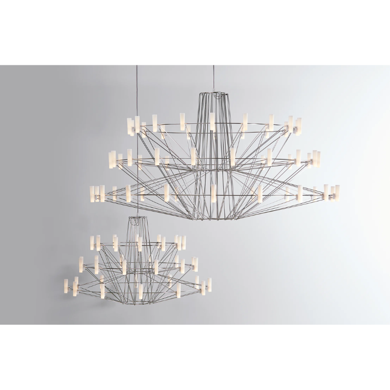 The small and large chrome Coppélia Suspended from Moooi hanging from the ceiling.