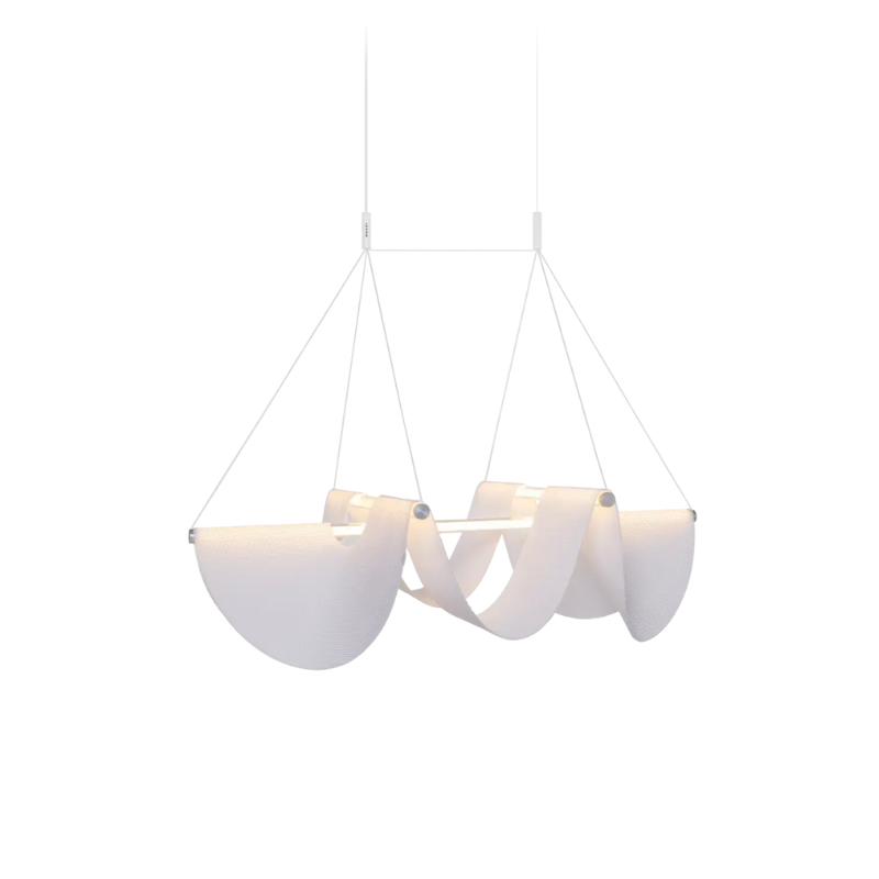 Moooi Drape Light 118 is a modern LED chandelier with a 3D-knitted polyester shade.
