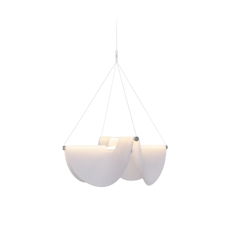 Moooi Drape Light 78 is a modern LED chandelier with a 3D-knitted polyester shade.