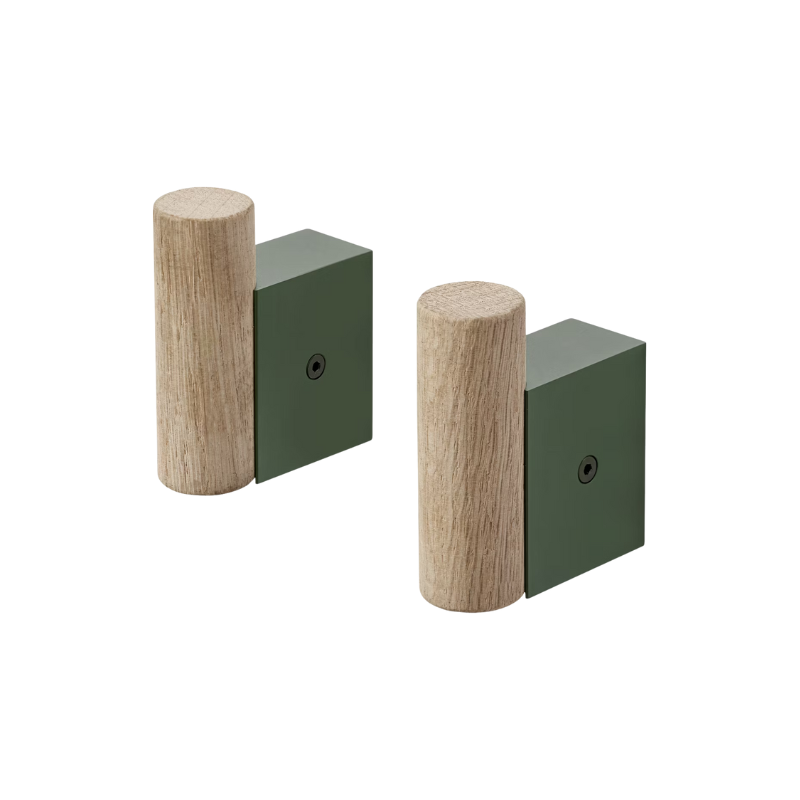 The Muuto Attach Wall Hook in Oak with Dark Green.