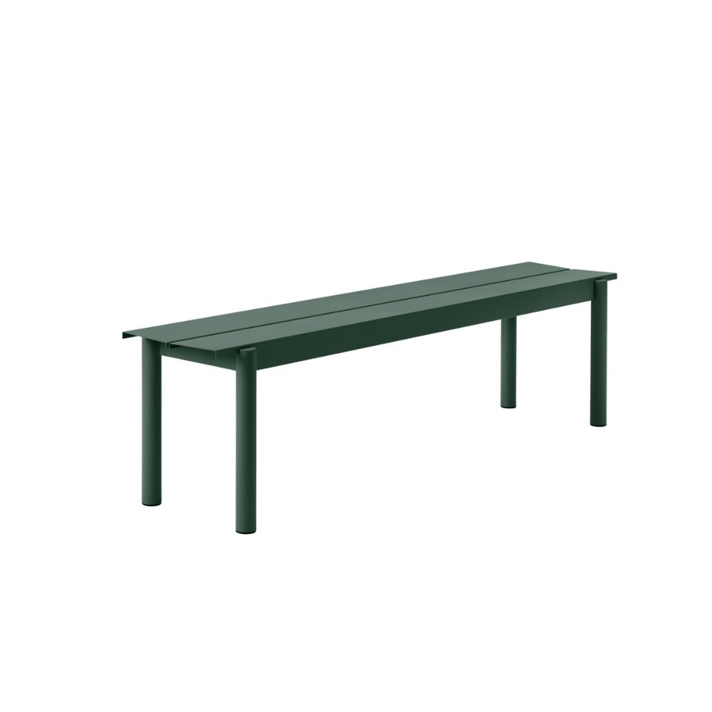 The medium dark green Linear Steel Bench from Muuto.