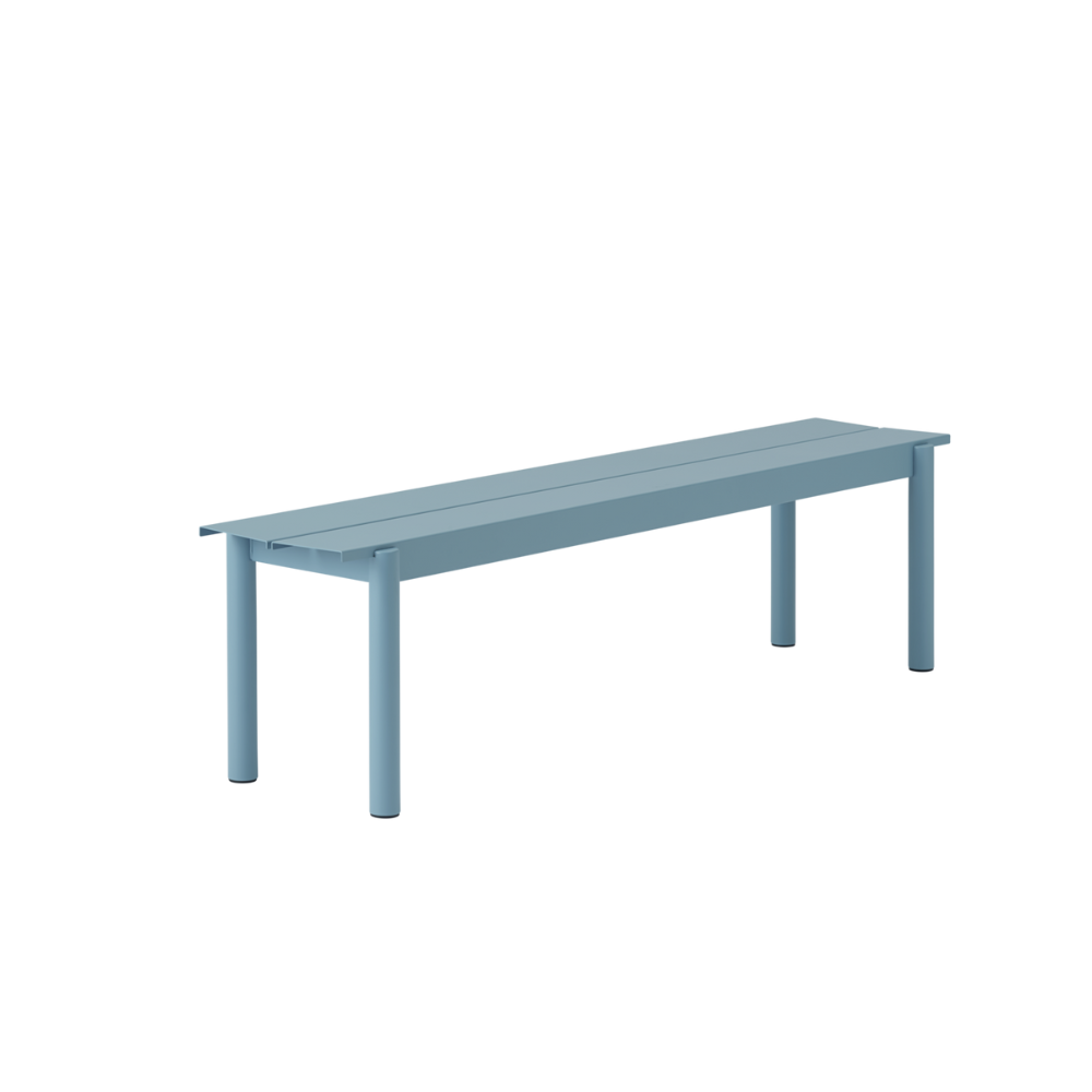 The medium pale blue Linear Steel Bench from Muuto.