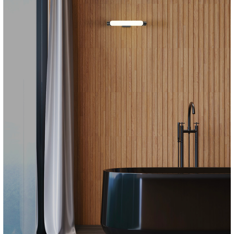 The La Roche Wall Sconce from Nemo in black within a bathroom.