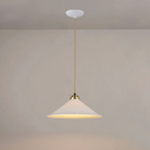 The large satin brass Cobb Pendant from Original BTC turned on.