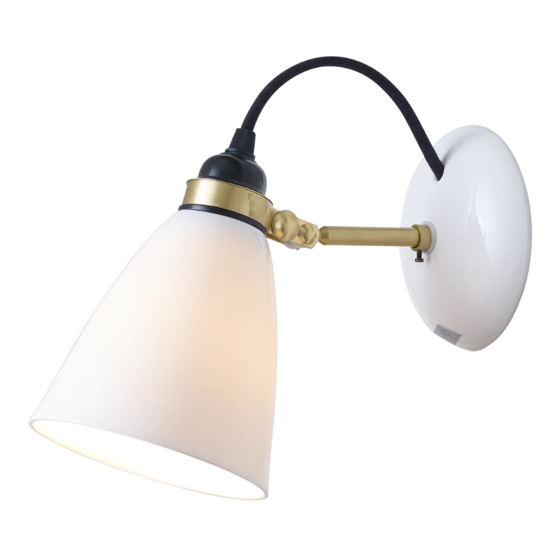 The Original BTC Hector Medium Dome Wall Sconce satin brass with black fabric cord from the side.