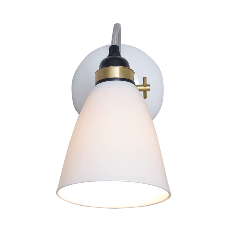 The Original BTC Hector Medium Dome Wall Sconce satin brass with grey fabric cord from the front.