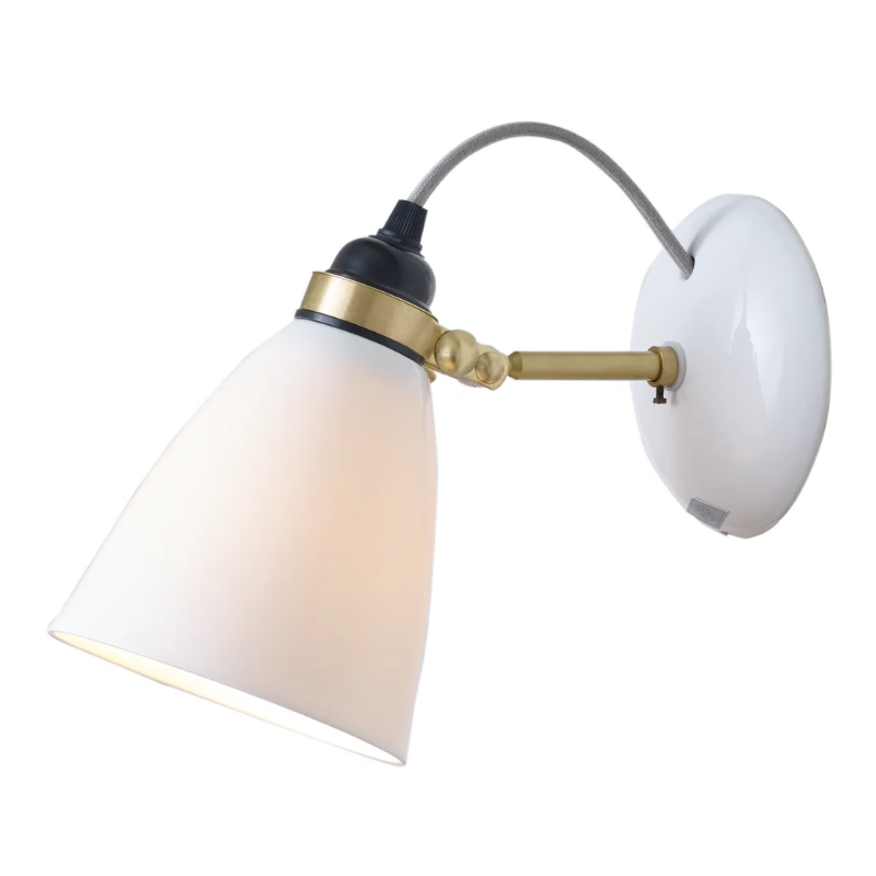 The Original BTC Hector Medium Dome Wall Sconce satin brass with grey fabric cord from the side.