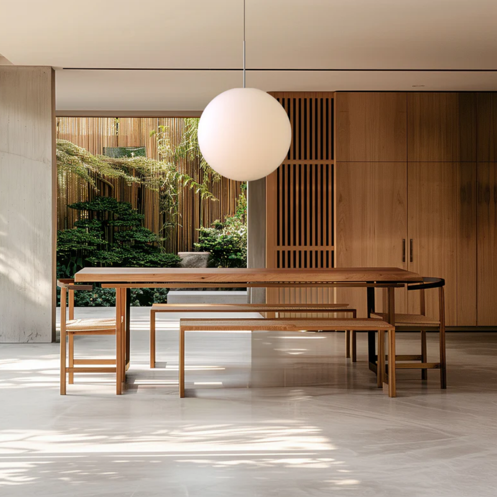 The Bola Sphere from Pablo Designs in a dining room above a dining table. all-groups