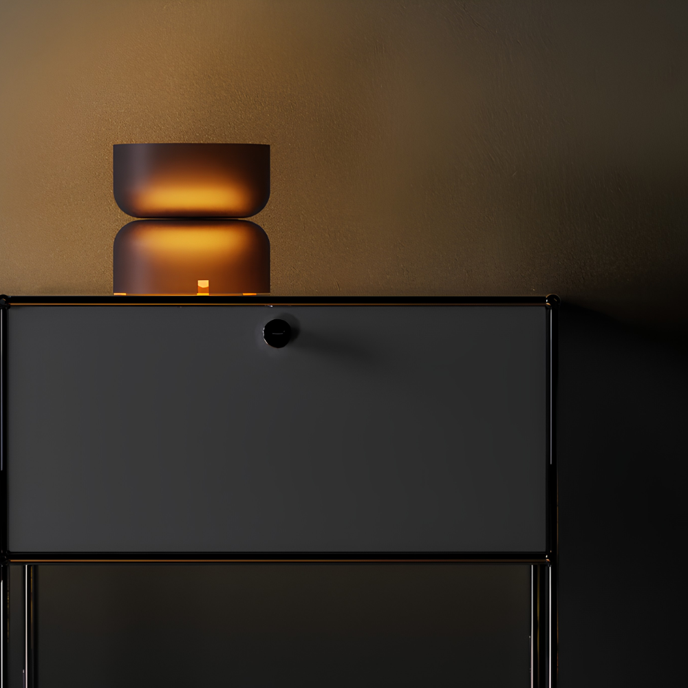 The etched smoke Mini Totem Table Lamp from Pablo Designs in a home office.