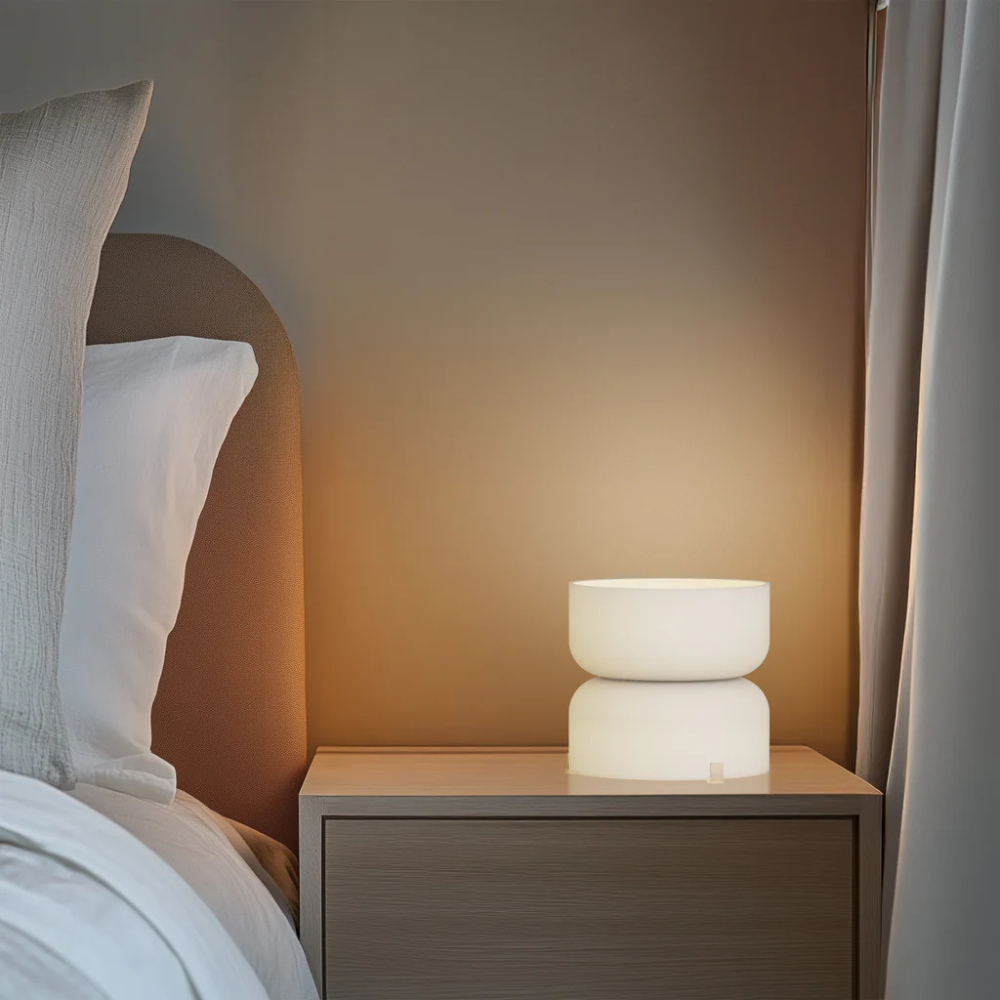 The etched white Mini Totem Table Lamp from Pablo Designs in a primary bedroom.