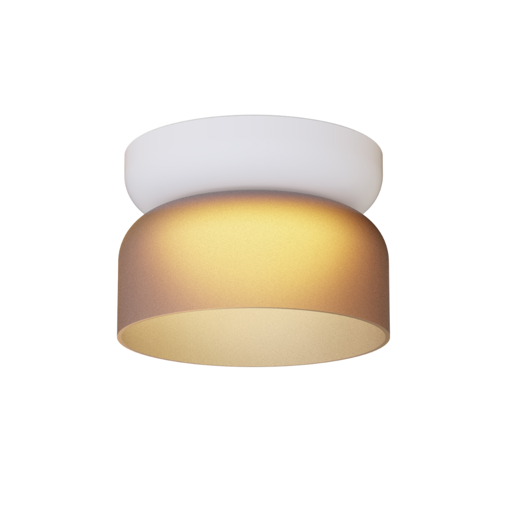 The Totem Mini Flush Mount by Pablo Designs with an etched amber shade and white base mount.