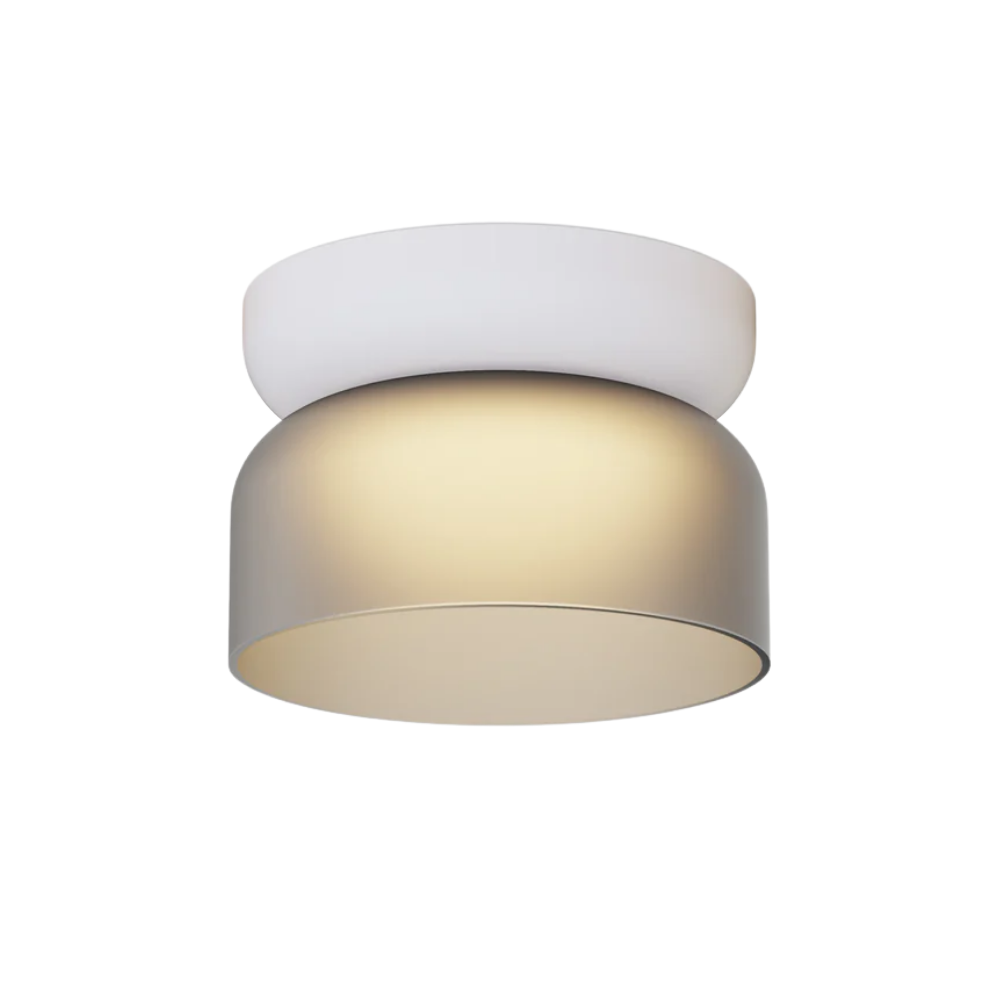 The Totem Mini Flush Mount by Pablo Designs with an etched smoke shade and white base mount.