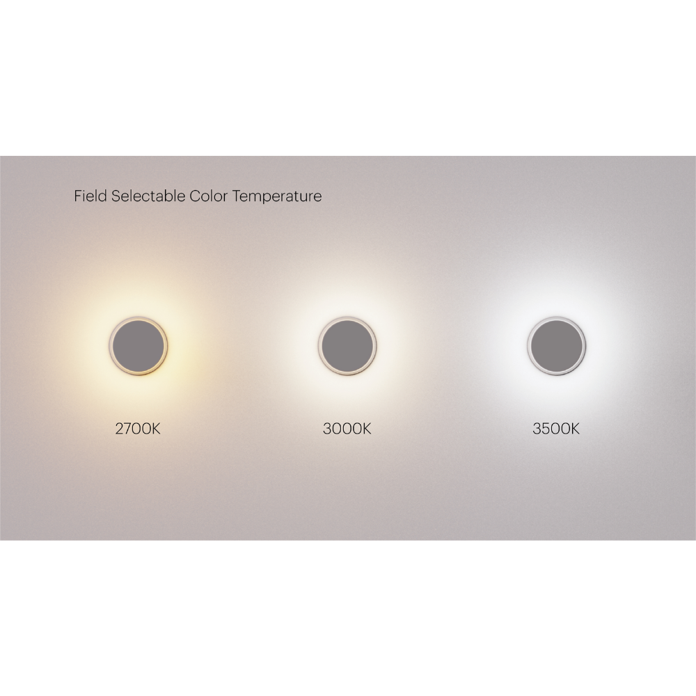 The Totem Puck Ceiling or Wall Light from Pablo Designs showing the three adjustable color temperature options. all-groups
