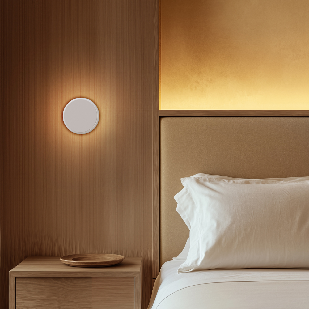 The Totem Puck Ceiling or Wall Light from Pablo Designs used as a bedside sconce in a bedroom. all-groups