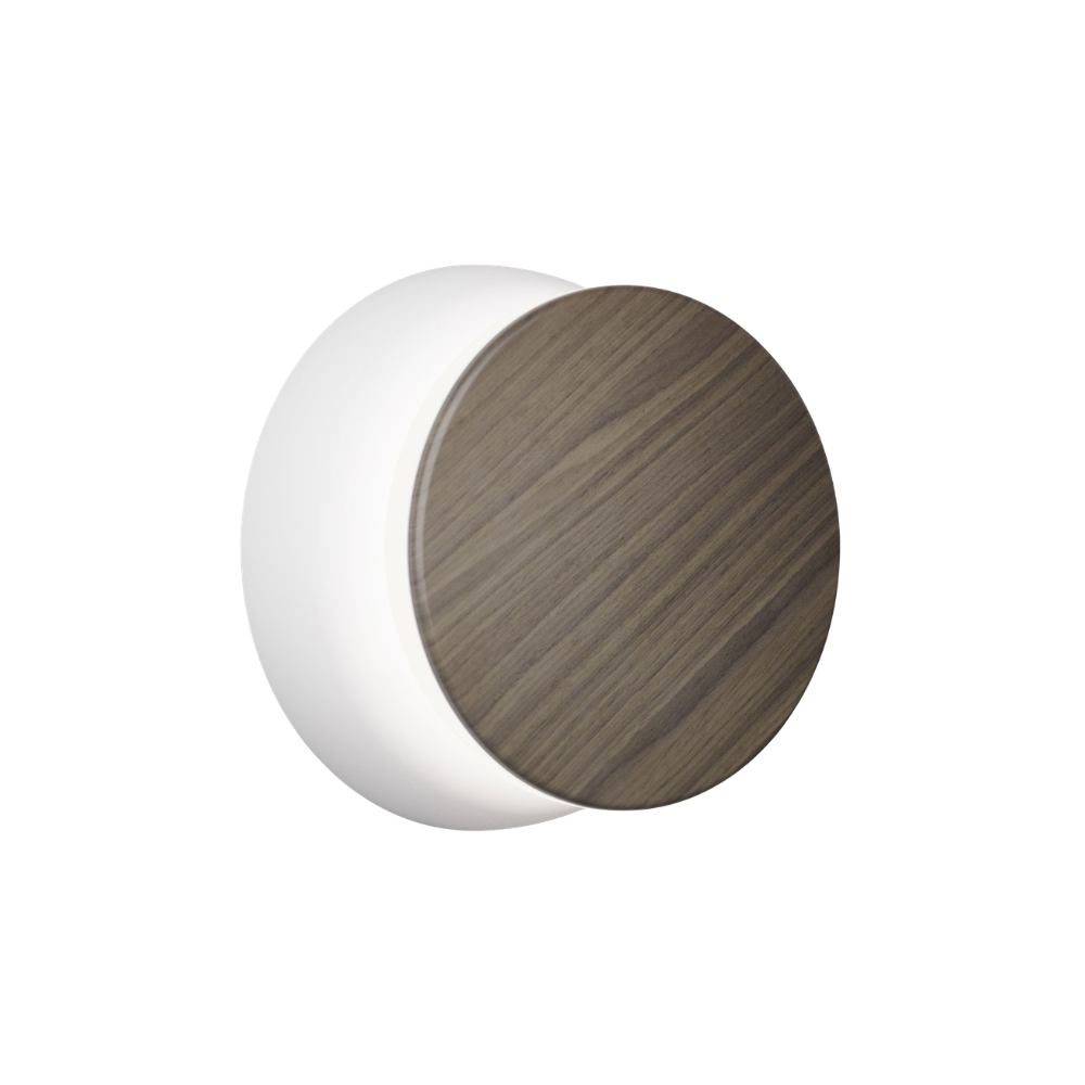 The white and walnut Totem Puck Ceiling or Wall Light from Pablo Designs.
