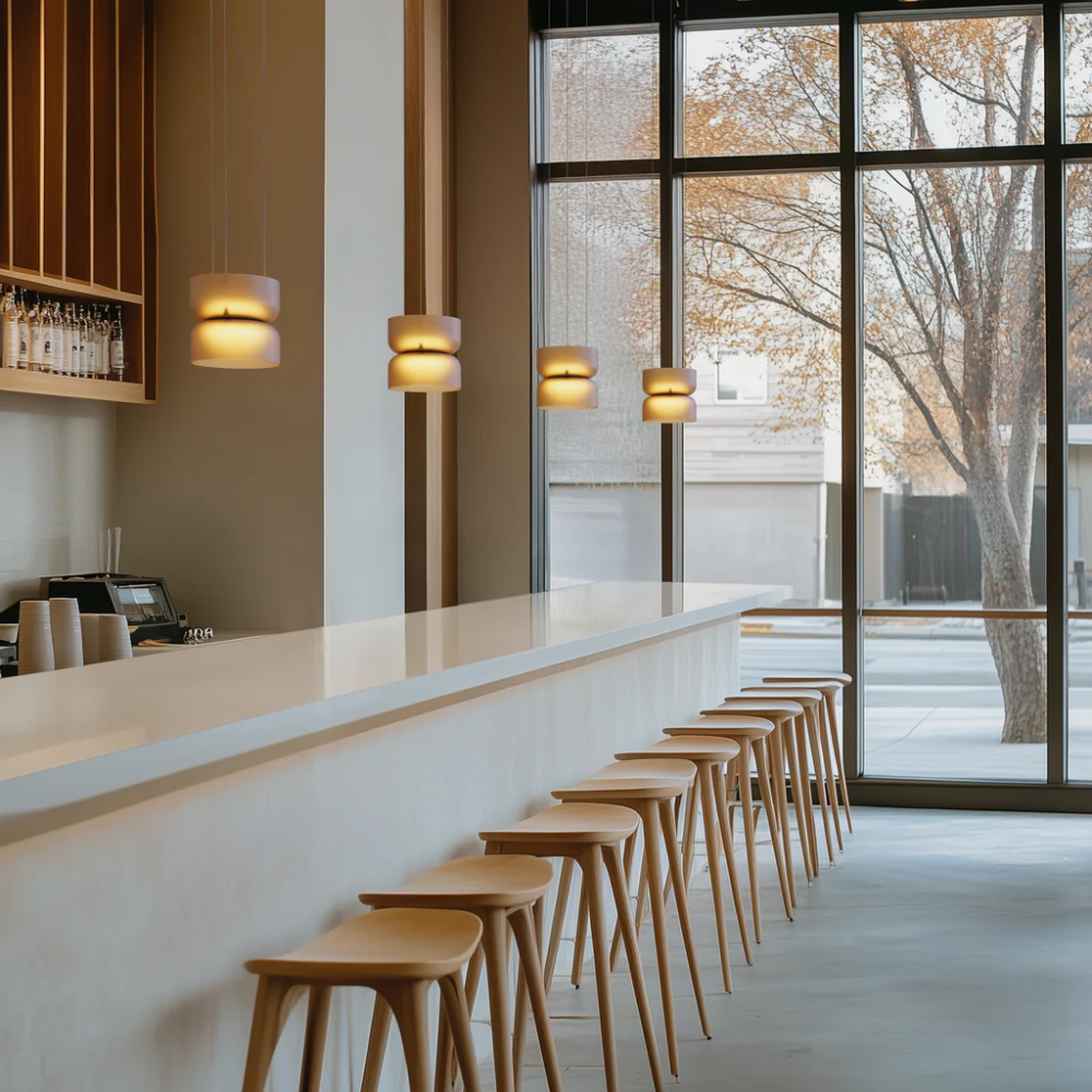 The Totem Up/Down Mini Pendant from Pablo Designs above a bar counter. all-groups