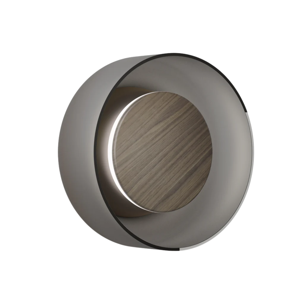 The Totem Sconce by Pablo Designs in Black / Walnut / Etched Smoke.