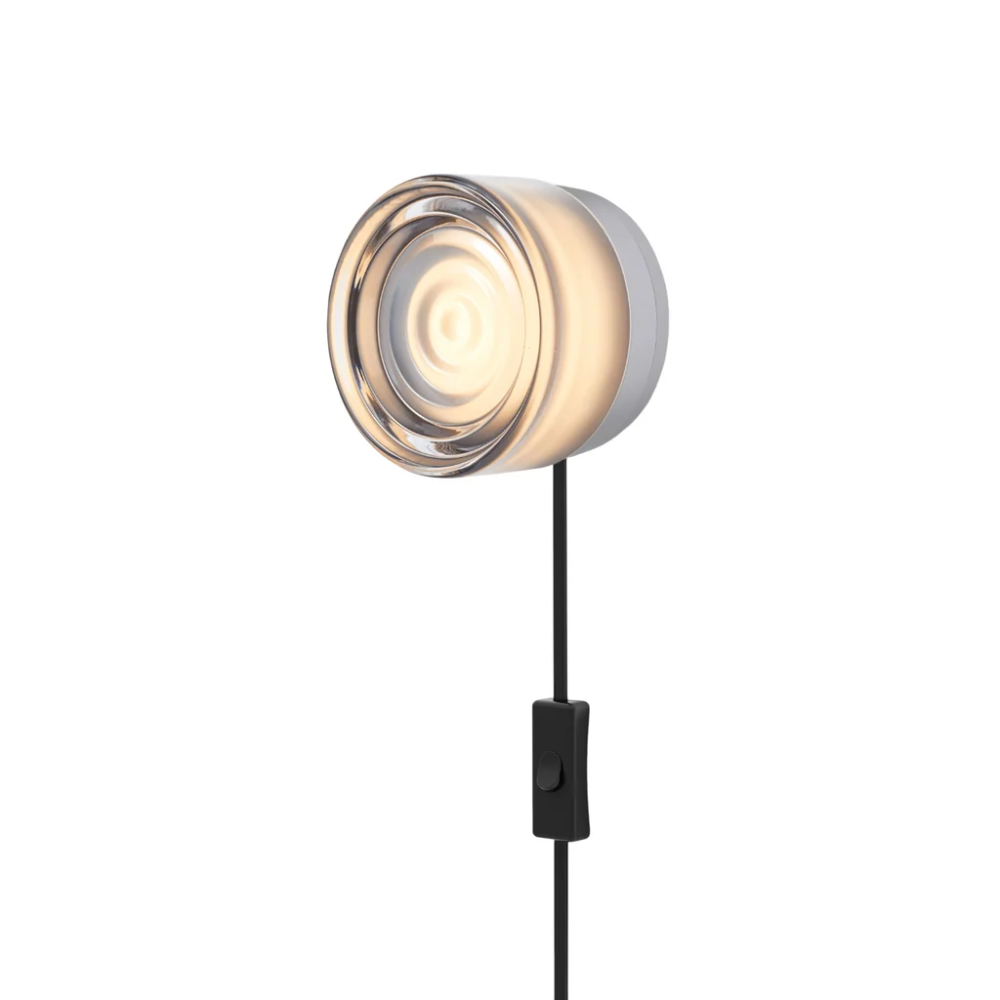 The Ripple Corded Sconce with plug-in bottom with toggle switch in smoke shade with natural anodized.