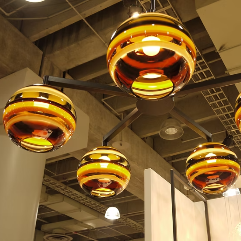 The Banded Amber Mini Pendant from Siemon and Salazar in a commercial space.