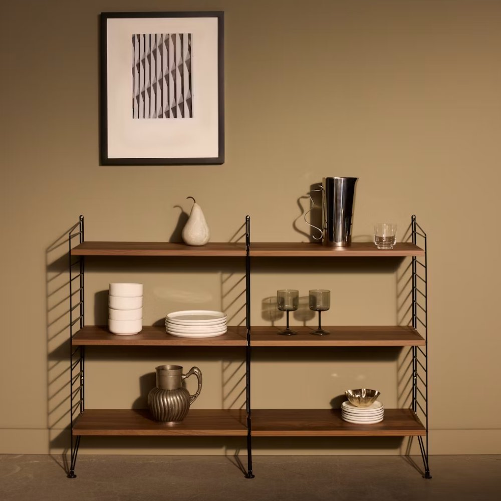 The Floor Shelving Two Bay (Living Room Bundle A) from String Furniture in black and walnut in a living room. all-groups