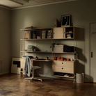 String System workstation configuration featuring a desk and shelves. all-groups