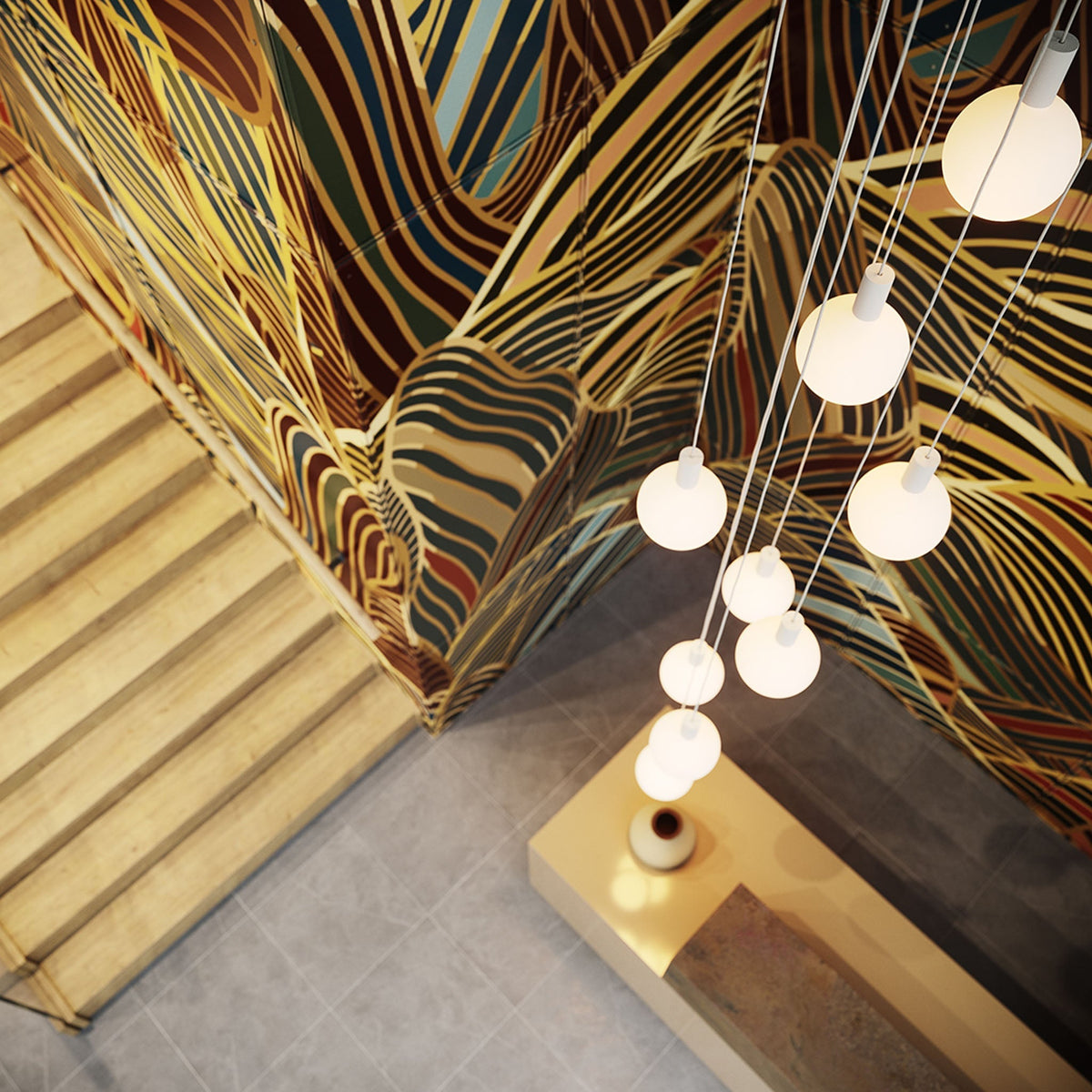 The Alumina Nine Pendant with Sphere V bulbs by Tala Lighting from above.