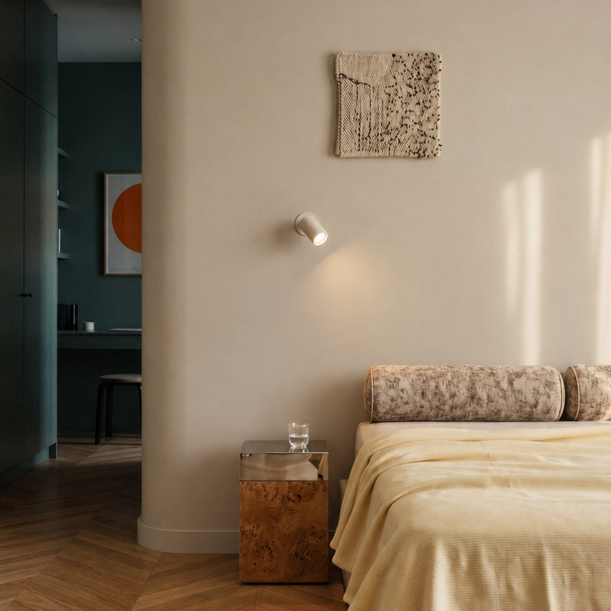 The Core Recessed Spotlight + T50 Light Engine by Tala Lighting in white in a bedroom being used as bedside reading lights. all-groups