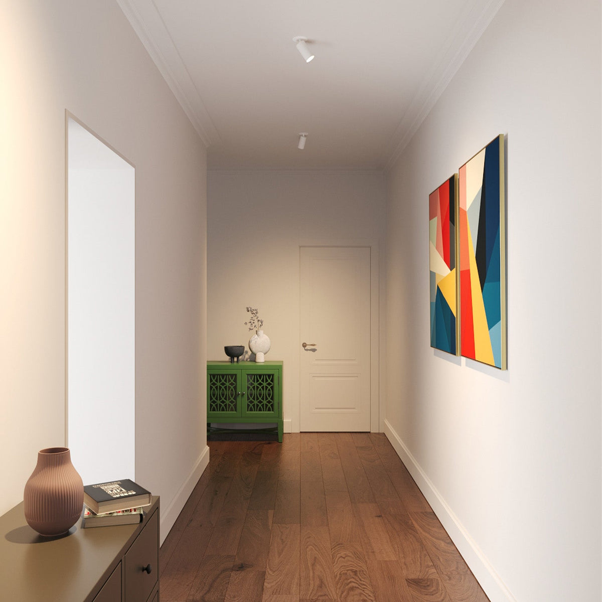 The Core Recessed Spotlight + T50 Light Engine by Tala Lighting in white in a hallway. all-groups