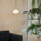 The Oval II E26 LED Bulb by Tala Lighting in a brass pendant fixture in a living room.