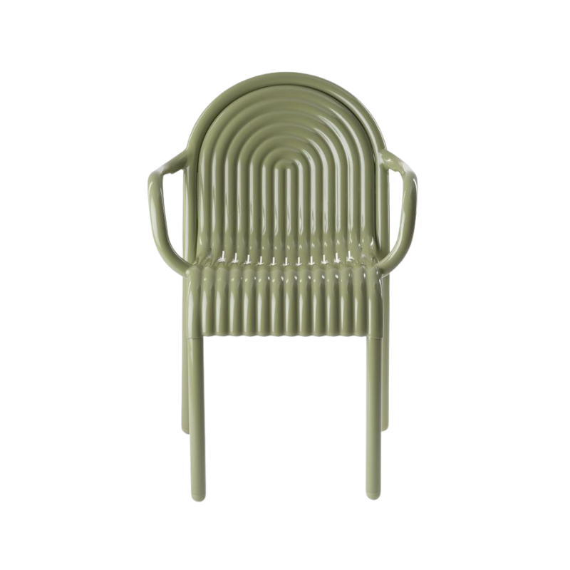 front view of the Groove Arm Dining Chair in Moss by Tom Dixon.