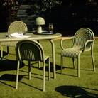 The Groove Table and chairs in moss green. Contract grade outdoor furniture.
