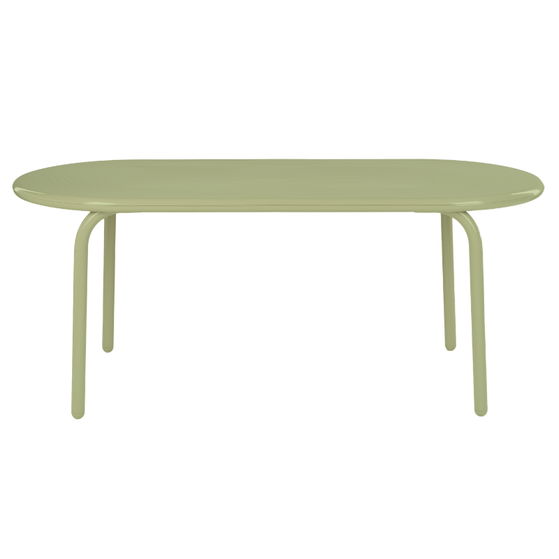 Groove Large Oval Outdoor Table in Moss by Tom Dixon from the side.