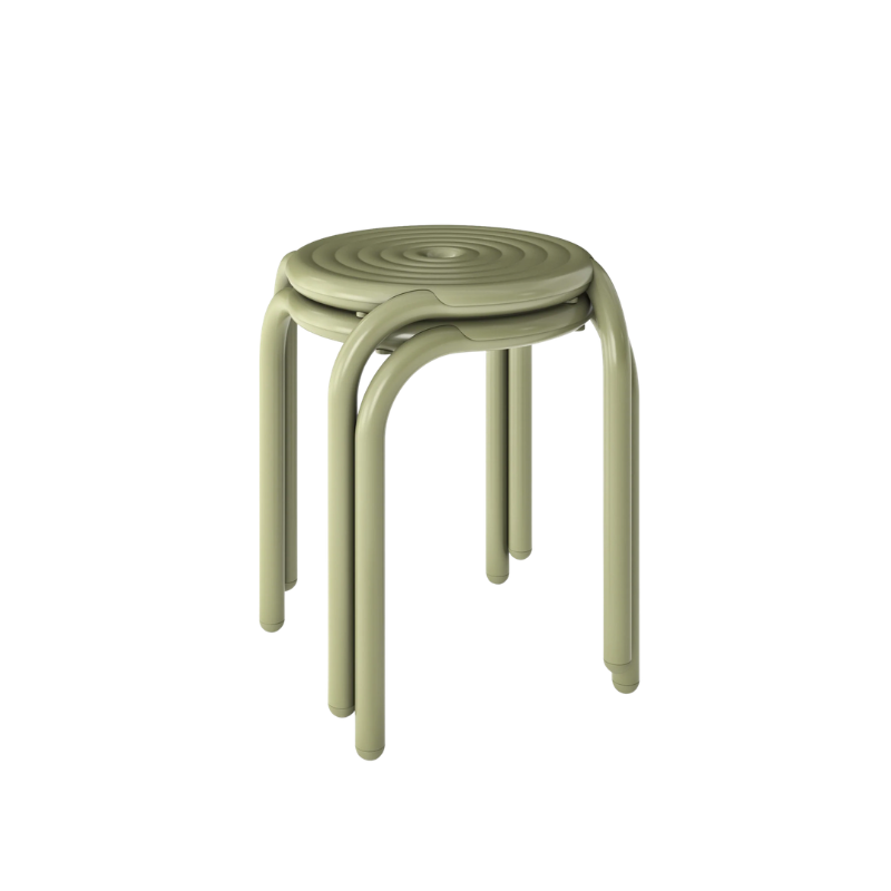 Set of two stacked Groove Outdoor Stools in Moss by Tom Dixon.