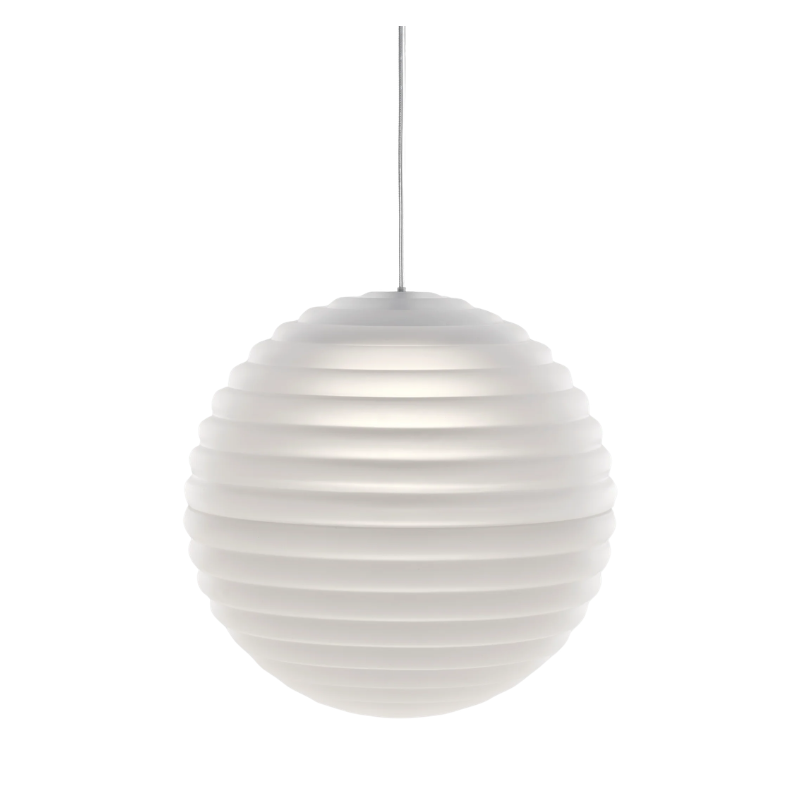 Tom Dixon Press Frosted Medium Sphere Pendant turned on.