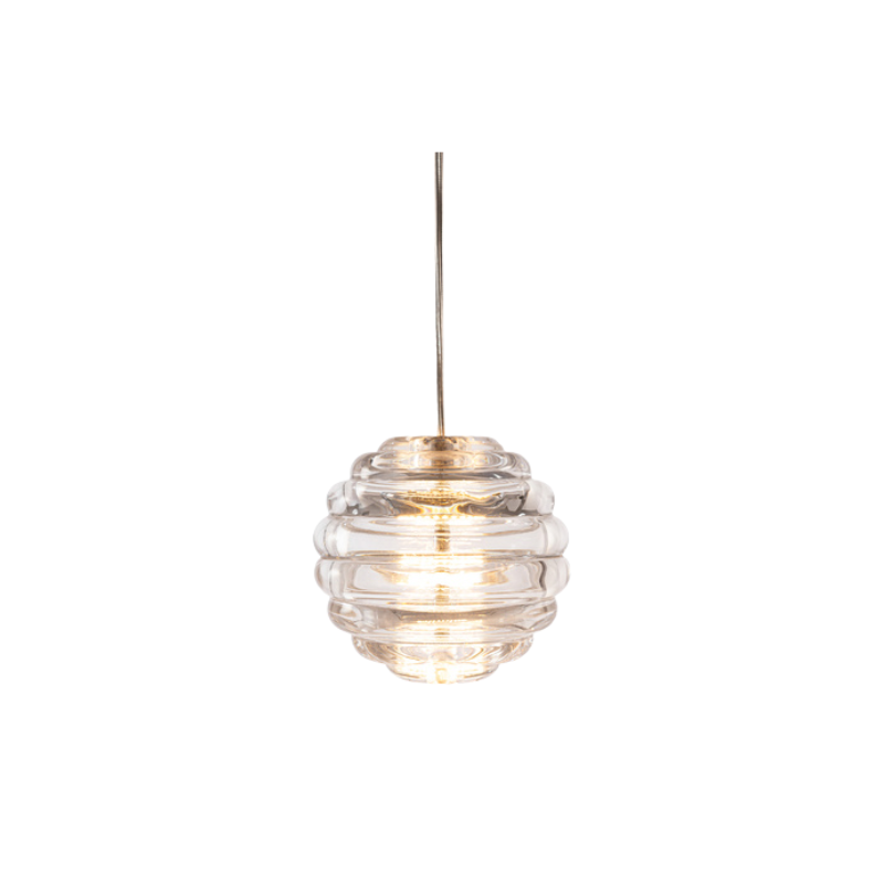 Tom Dixon Press Mini Sphere Pendant turned on.