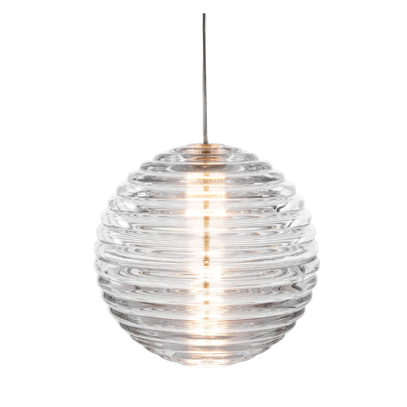 Tom Dixon Press Medium Sphere Pendant turned on.