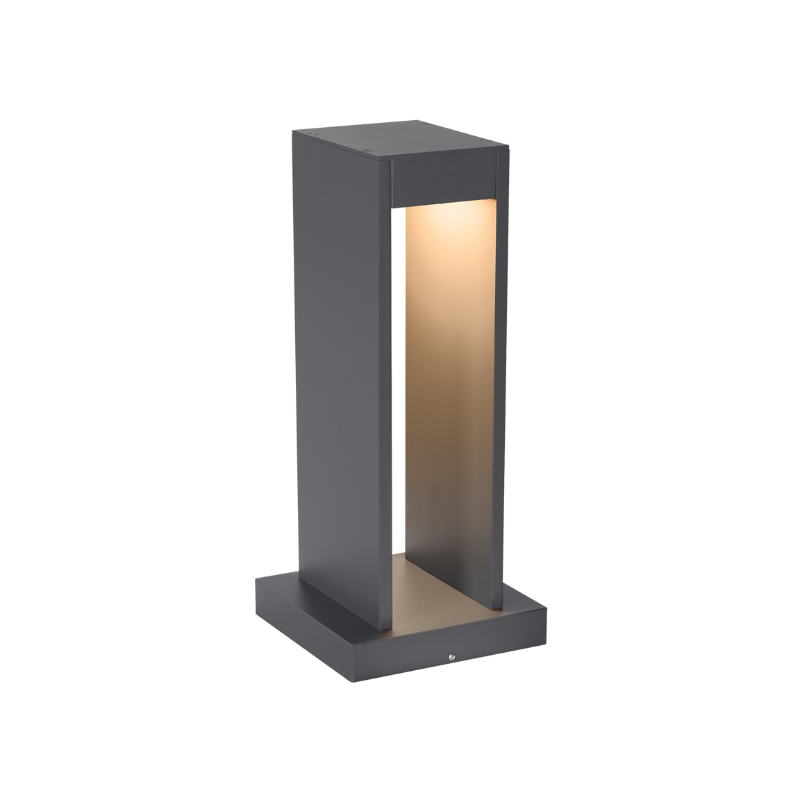 A modern outdoor bollard path light with a black finish and a visible LED light panel at the top from Visual Comfort and Co.